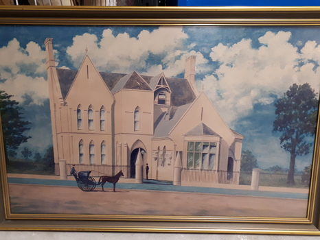 Painting of sandstone building with horse and buggy on the street in front of it