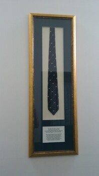 Framed blue tie with kiwi birds imprint