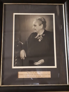 Framed black and white photograph of Tilly Aston.