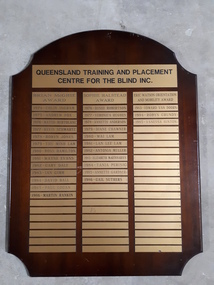 Brown board with plastic bronze coloured plaques attached