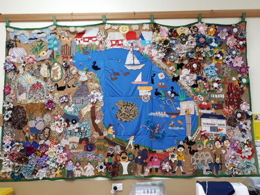 Cloth picture of people and animals around Ballarat and Lake Wendouree made from mixed materials