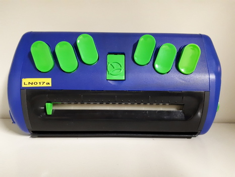 Blue rectangular device with bright green buttons