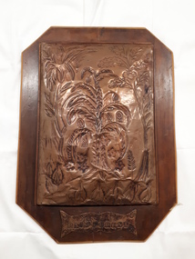 Copper etching of trees mounted on wooden board