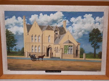 Sandstone building with horse and buggy on the street outside the front
