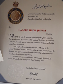 Letter officially proclaiming his OA with signature of Bill Hayden