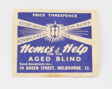 Blue postage stamp with lantern in middle and 'Home & Help for the Aged Blind' 'Send donations to 10 Queen St, Melbourne C1' in white