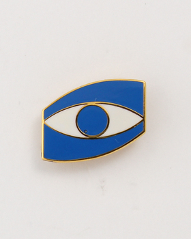 Blue and white stylised eye edged by gold