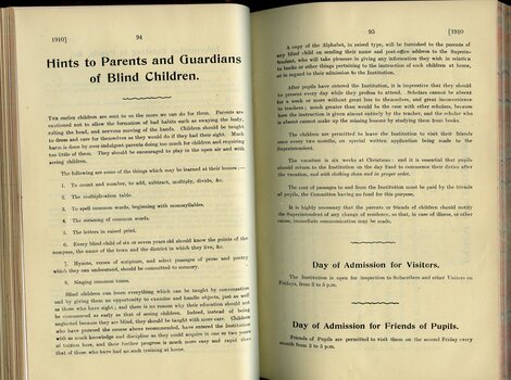 Hints to Parents and Guardians of Blind Children, Day of Admission for Visitors and Friends