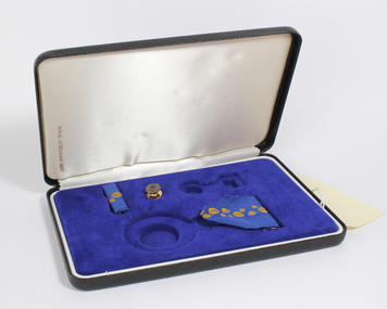 Open case with blue inlay and blue cloth medals with wattle on them