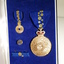 Open case with blue inlay and blue cloth with wattle on them attached to medals