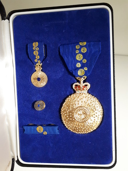 Open case with blue inlay and blue cloth with wattle on them attached to medals
