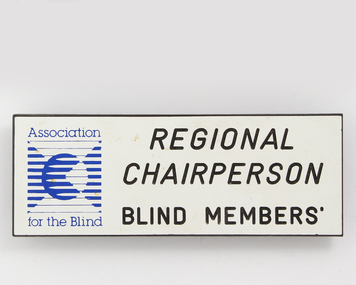 Plastic rectangular badge with AFB logo in blue and black writing on white background