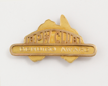 Gold coloured shape of Australia with 'BPW Club' and 'Bendigo Award' across mid and lower section.