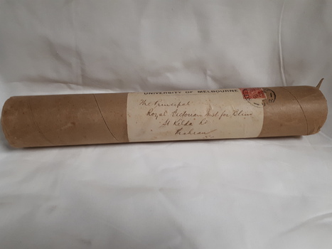 Cardboard tube addressed to Hugh Jeffrey