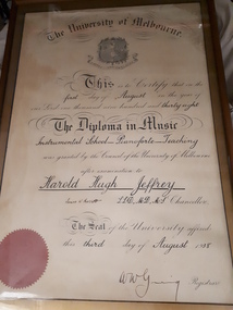 Object, University of Melbourne diploma belonging to Hugh Jeffrey, 1938