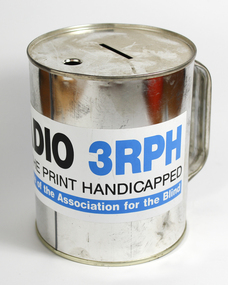 Shiny metal tin with lid and handle and 3RPH sticker on side