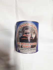 Metal tin with lid, base and handle wrapped in paper