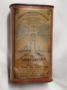 Metal rectangular box with images and writing printed on side
