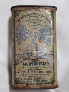 Metal rectangular box with images and writing printed on side