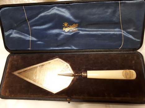 Silver plated towel with ivory handle in box