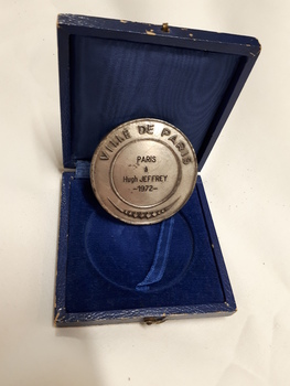 Rear of medal with Paris & Hugh Jeffrey 1972 inscribed