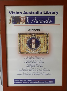 Louis Braille stained glass image with list of winners from VAF