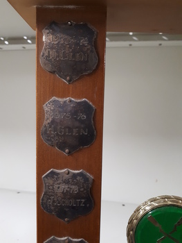 Metal plates on sides of trophy
