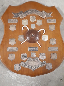 Wooden shield with smaller silver plates engraved with winner names and round wooden ball top in middle with two mini white canes