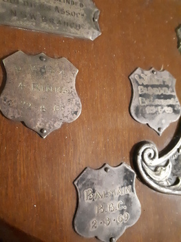 Wooden shield with smaller silver plates engraved with winner names and round wooden ball top in middle with two mini white canes