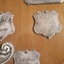 Wooden shield with smaller silver plates engraved with winner names and round wooden ball top in middle with two mini white canes