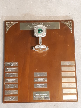 Wooden rectangle with metal plaques and image of lawn bowls in trophy topper that is wedged into board