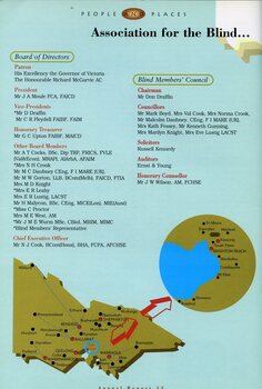 AFB board of directors and blind members council listing.  Map of Victoria showing office locations.