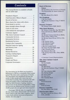 Contents page and listing of Board of Directors and Tilly Aston Customer Council.
