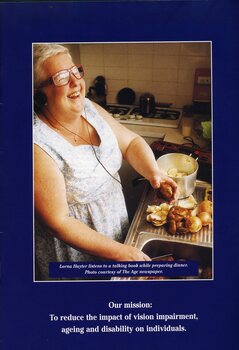 Lorna Heyter listens to an audio book whilst peeling potatoes in her kitchen.