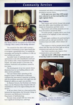Elsie Shelton during an eye examination at Bendigo Low Vision Clinic.  Volunteer Jess Harkness helps Clarence Greening with some weaving.