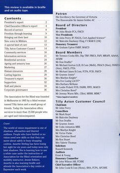 Contents page and listing of patron, board of directors, board members and Tilly Aston Council.