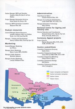 Managerial staff listing.  Map of Victoria showing office locations.
