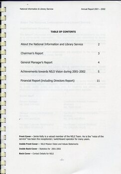 Table of Contents page with description of images on front and back cover