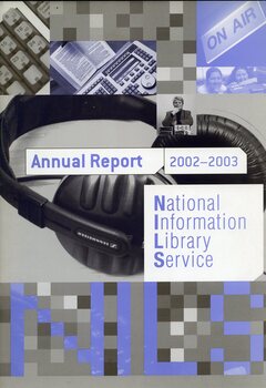 Images of headphones, Jane Evans, the desk in the recording studios, the ON AIR sign and two females peering over a pile of audio books.