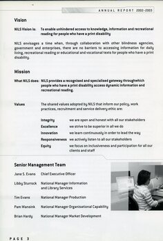 Vision, Mission and Senior Management team.  Image of Kelly Thong working with a scanner in the Braille/Large Print Production area.