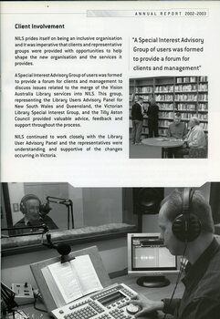Robert de Graauw in the studio with a narrator.  Tim Mitchell looks at large print books with Ingrid.  Alan Egerton chatting with another man at a table in the browsing library.
