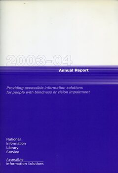 Purple and white front cover with the words "proving accessible information solutions for people with blindness or vision impairment"