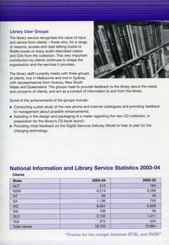 Printed books on shelves.  Table showing number of clients in various states.