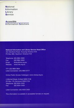 Back cover with contact details, including street address, phone numbers, email and website addresses
