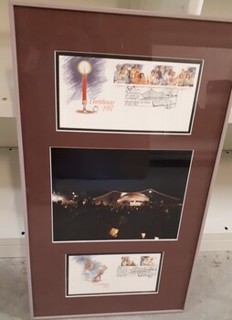 Myer Music Bowl during Carols and paper envelope with Christmas stamps