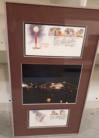 Myer Music Bowl during Carols and paper envelope with Christmas stamps
