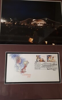 Myer Music Bowl during Carolst and envelope with Christmas stamps