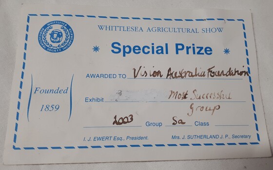 Certificate for special prize at show