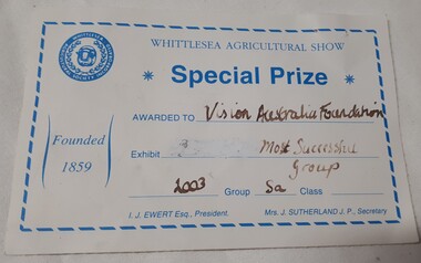 Certificate for special prize at show