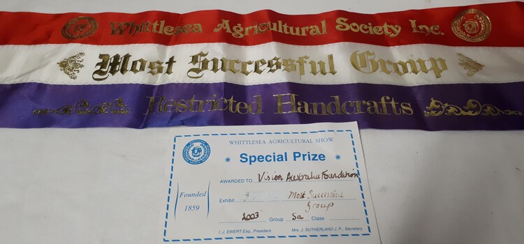 Sash and certificate for special prize at show